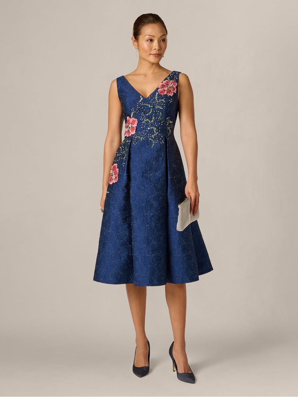 Jacquard Floral Beaded Fit And Flare Midi Dress In Midnight Multi